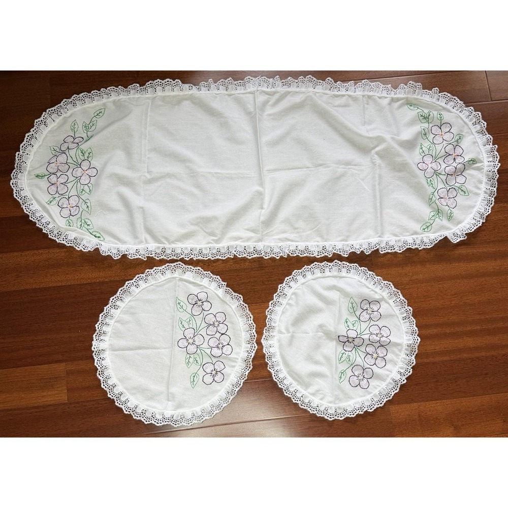 3 Embroidered Doilies & Dresser Scarf Purple Flowers Lace Edges NWOT